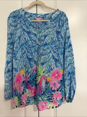 Lilly Pulitzer Blue Tropical Leaf Tunic with Pink Floral Accents